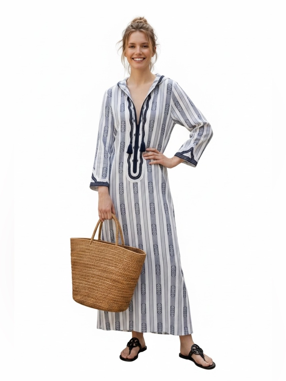 TORY BURCH Corbin Hooded White Navy Gold Striped Runway Maxi Tunic Dress